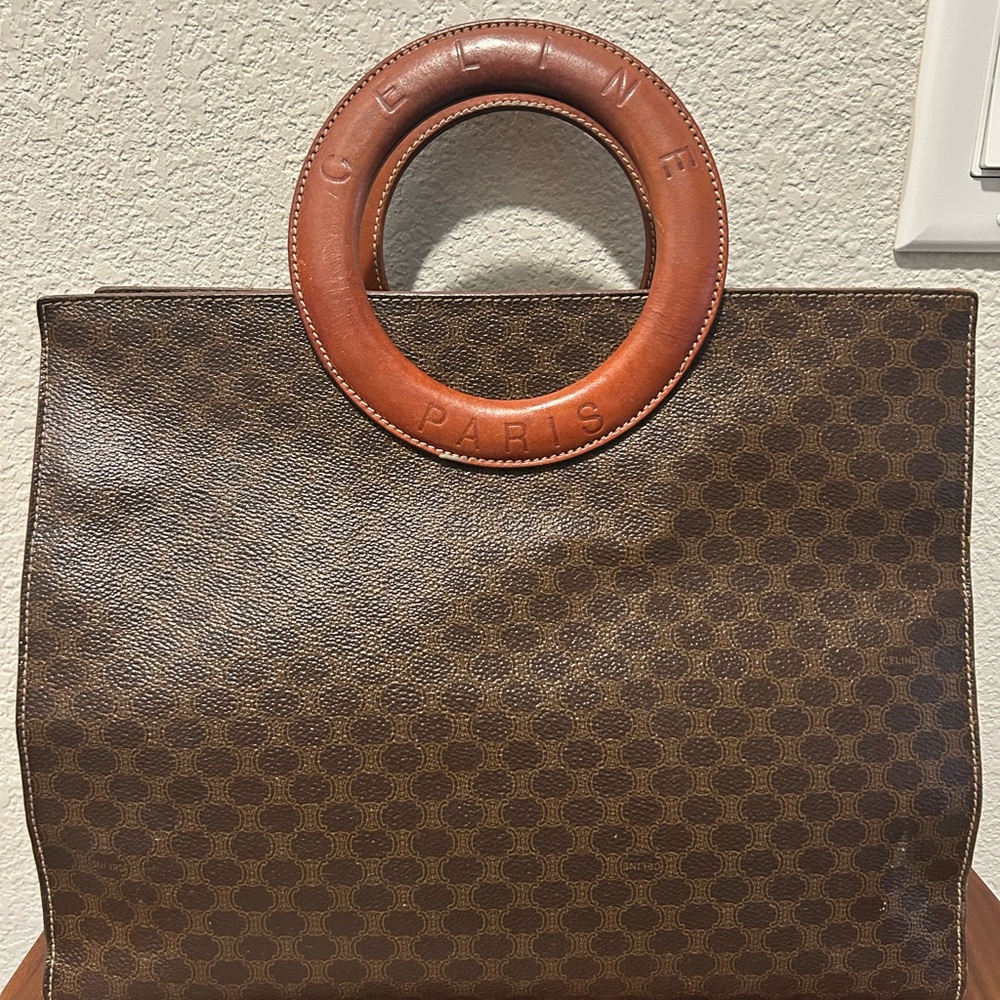 Celine Brown Macadam Top Handle Tote with Tan Leather Circular Handles - Picture 3 of 16